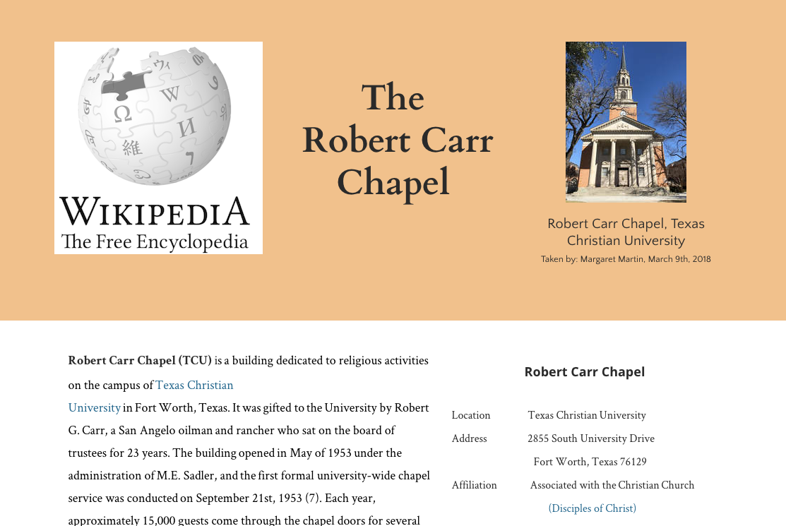 Carr Chapel TCU-pedia page